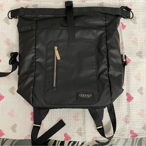 Versace Black Backpack with Roll-Top Closure and Metal Hardware